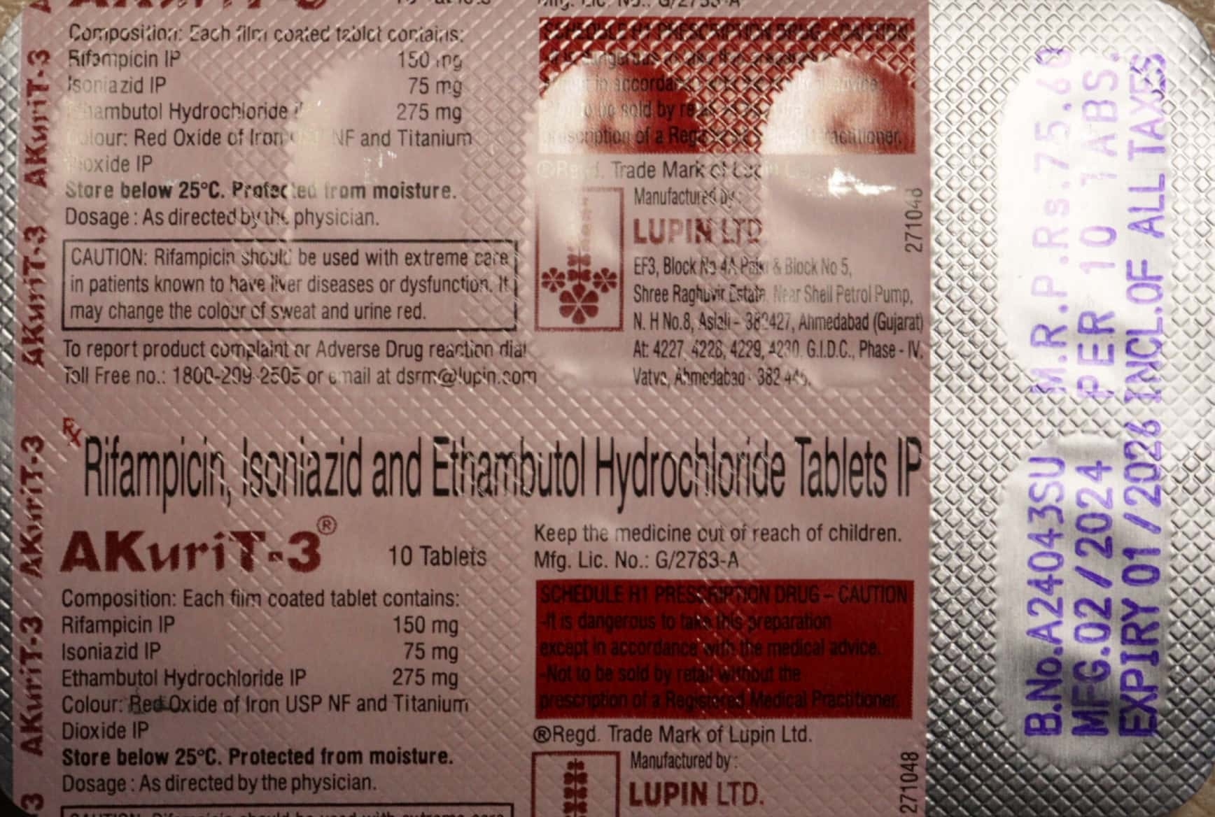 Rifampicin, Isoniazid and Ethambutol Hydrochloride Tablets IP   AKuriT-3