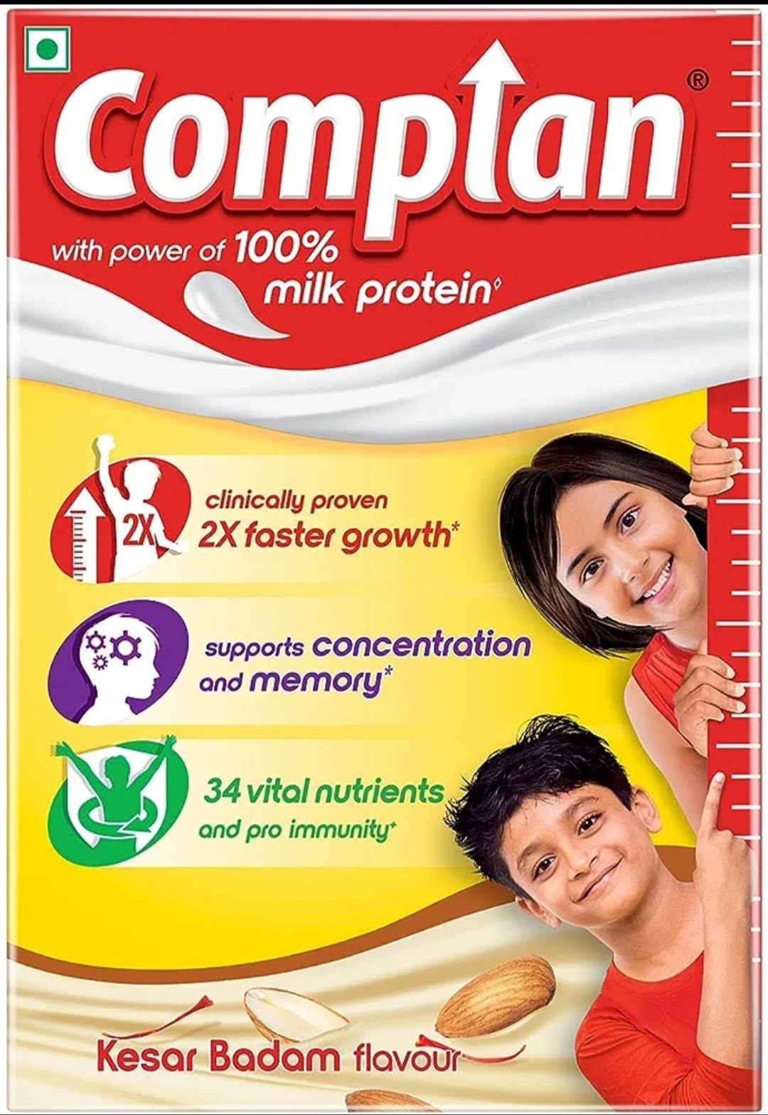 Complan Nutrition Drink Powder for Children, Kesar Badam Flavour, 500 g Carton | Nutrition Drink for