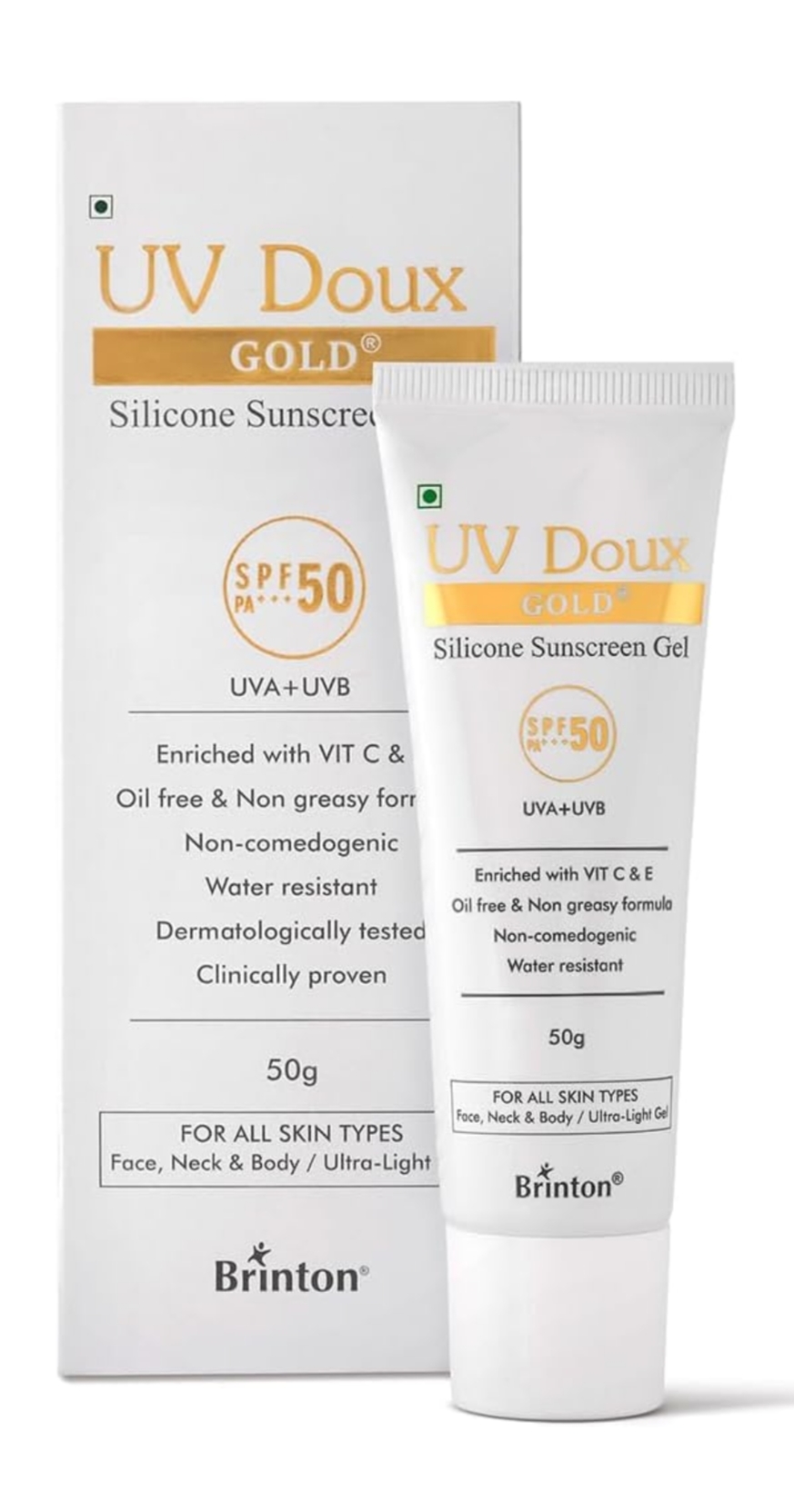 Brinton UV Doux Gold Silicone Sunscreen Gel SPF 50 PA+++ With Vitamin C & E | Clinically Tested, Wat