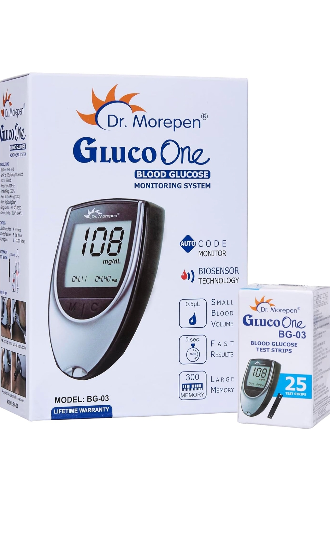 DR. MOREPEN GlucoOne Blood Glucose Monitor Model BG 03 with 25 Strips