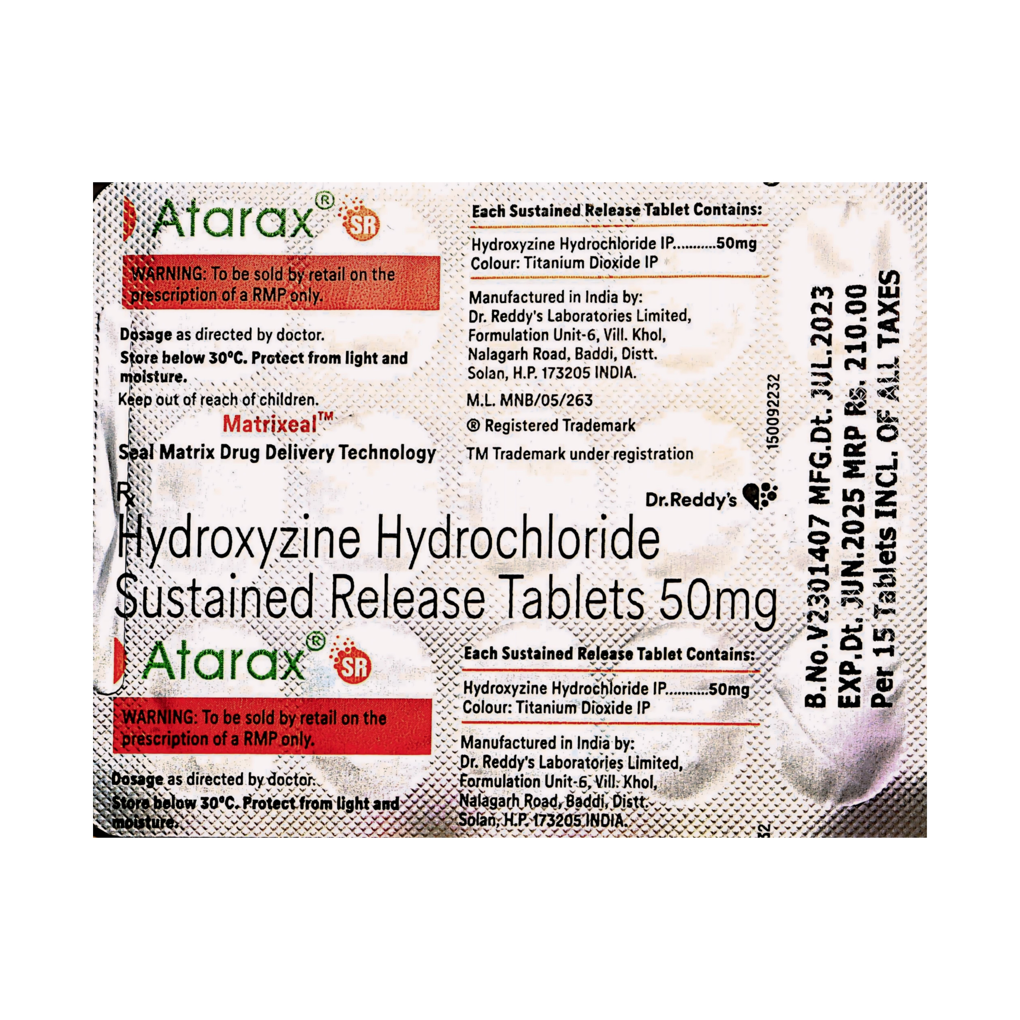 Hydroxyzine hydrochloride sustained release tablets 50Mg